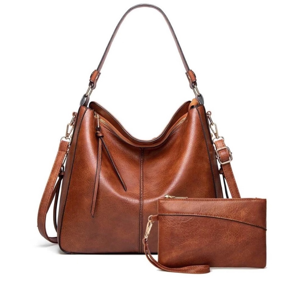 Vegan Leather Hobo Tote Shoulder Bag Wristlet Set